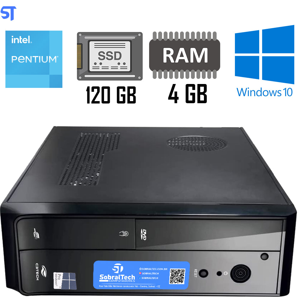 Computador Intel C3Tech Slim, Intel Dua Core - 4GB de Memória - Disco SSD 120GB - Windows 10 Pro
