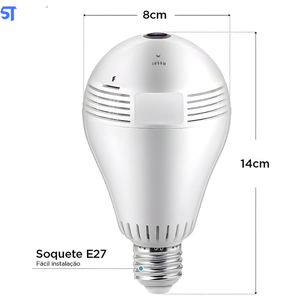Lâmpada Espiã Ip 360° Câmera Hd Panorâmica Led Wifi Grava Alarme VT-17657-62