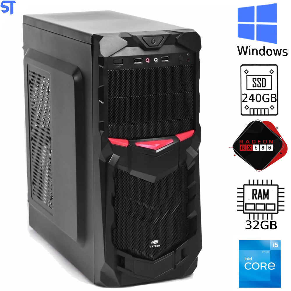 Computador Core i5-12400F 4.4GHz - Memória Ram 32gb - HD SSD 240GB - Placa de Vídeo RX 580 8GB GDDR5 256Bits - Windows