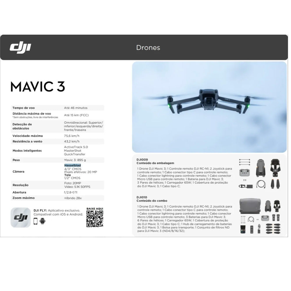 Drone DJI Mavic 3 Standert- Câmera Hasselblad 5.1k