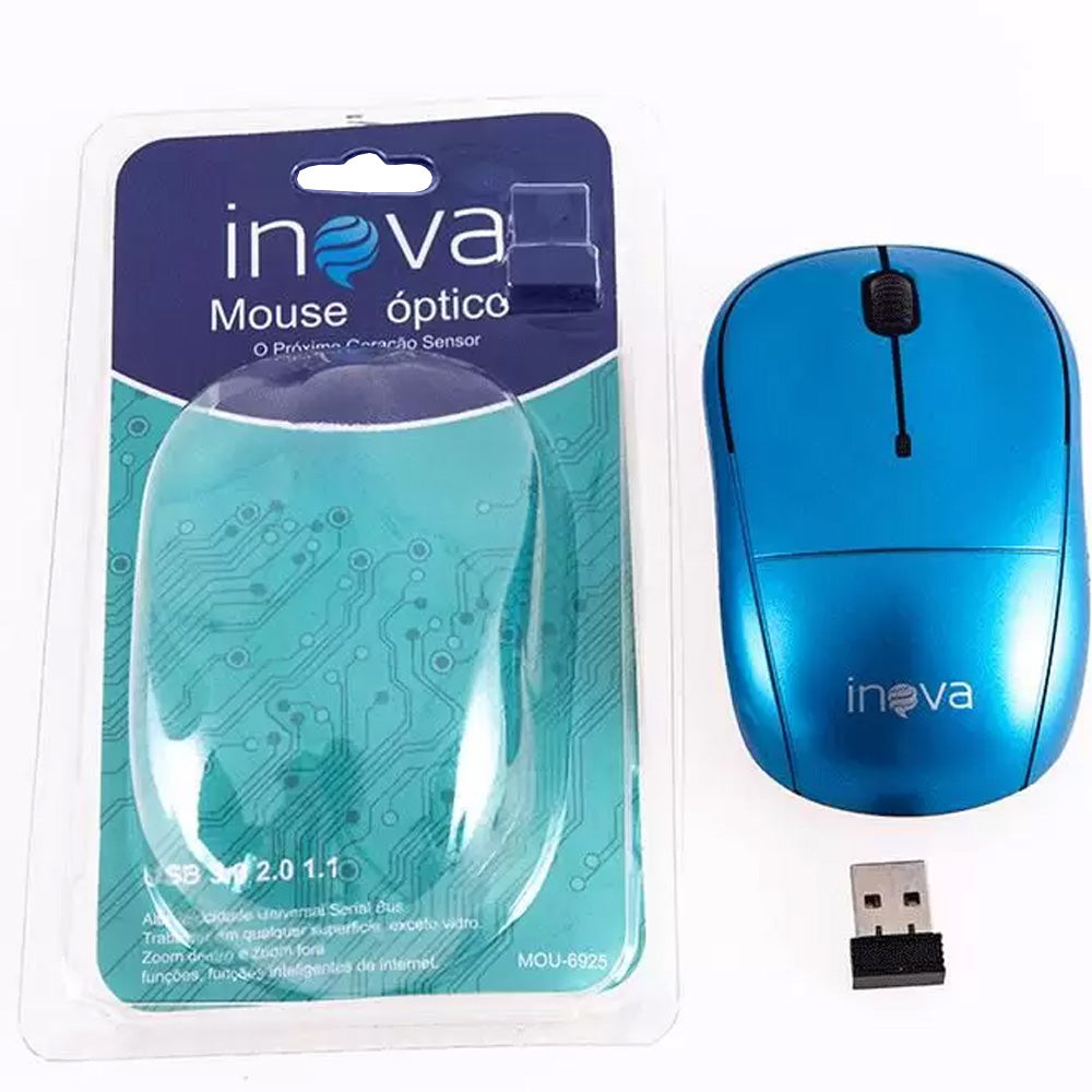 Mouse Óptico Sem Fio Wireless Usb Inova - Mou-6925- Azul