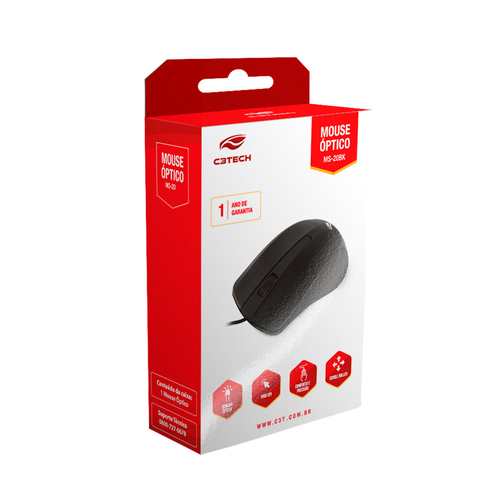 Mouse USB Ambidestro C3Tech Preto -MS-20BK