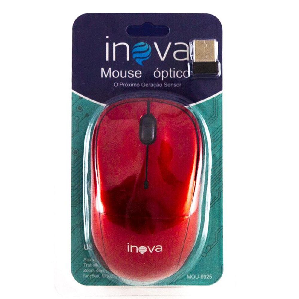 Mouse Óptico Sem Fio Wireless Usb Inova Mou-6925- Vermelho