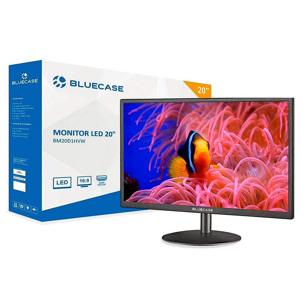 Monitor LED 20" 60Hz BM20D2HVW Bluecase HD+,  HDMI, VGA, VESA, Preto