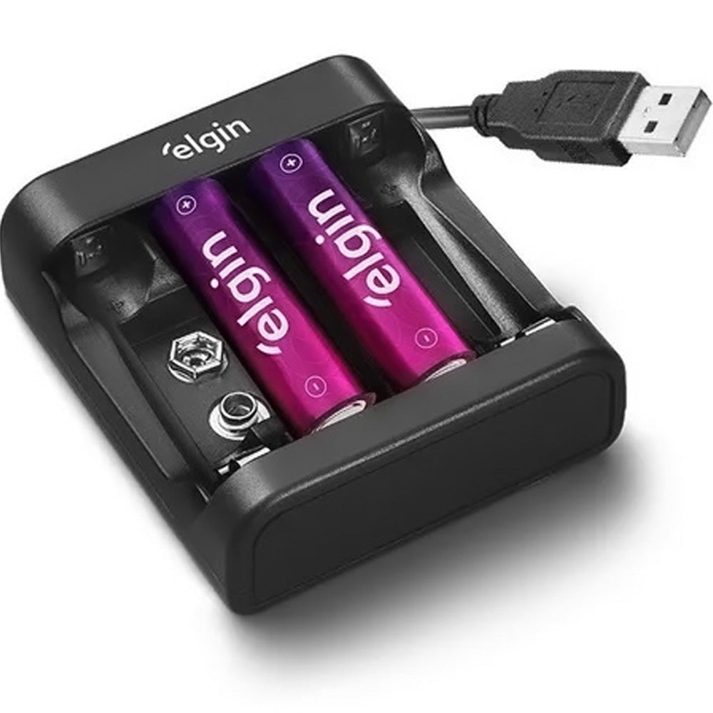 Carregador De Pilhas E Bateria Usb + 2 Pilhas AA 9V - Elgin