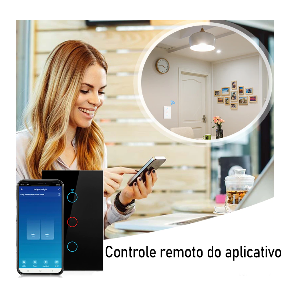 Interruptor de Parede Inteligente Para Casa 100V-250V WiFi com Led Amazon Alexa Google Home Tuya - Preto