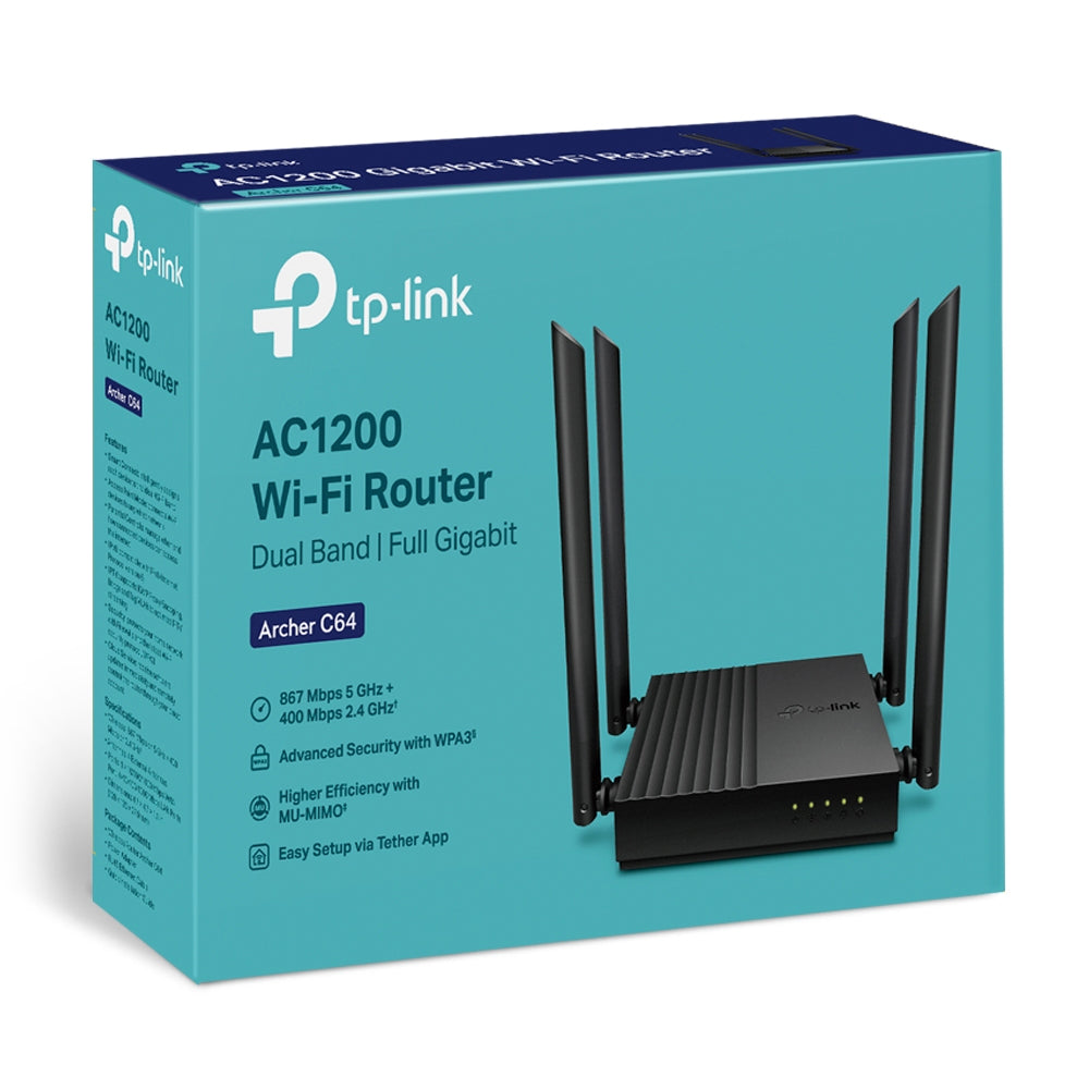 Roteador Wireless TP-Link Archer C64, Padrão Ethernet AC, 1267 MBPS, Bandas duplas 2.4 GHz e 5 GHz, 4 Antenas