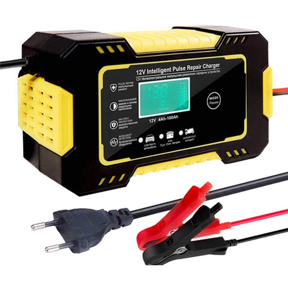 Carregador de Bateria de Carro 12V Carga Rápida Com Display Lcd Inteligente - Amarelo