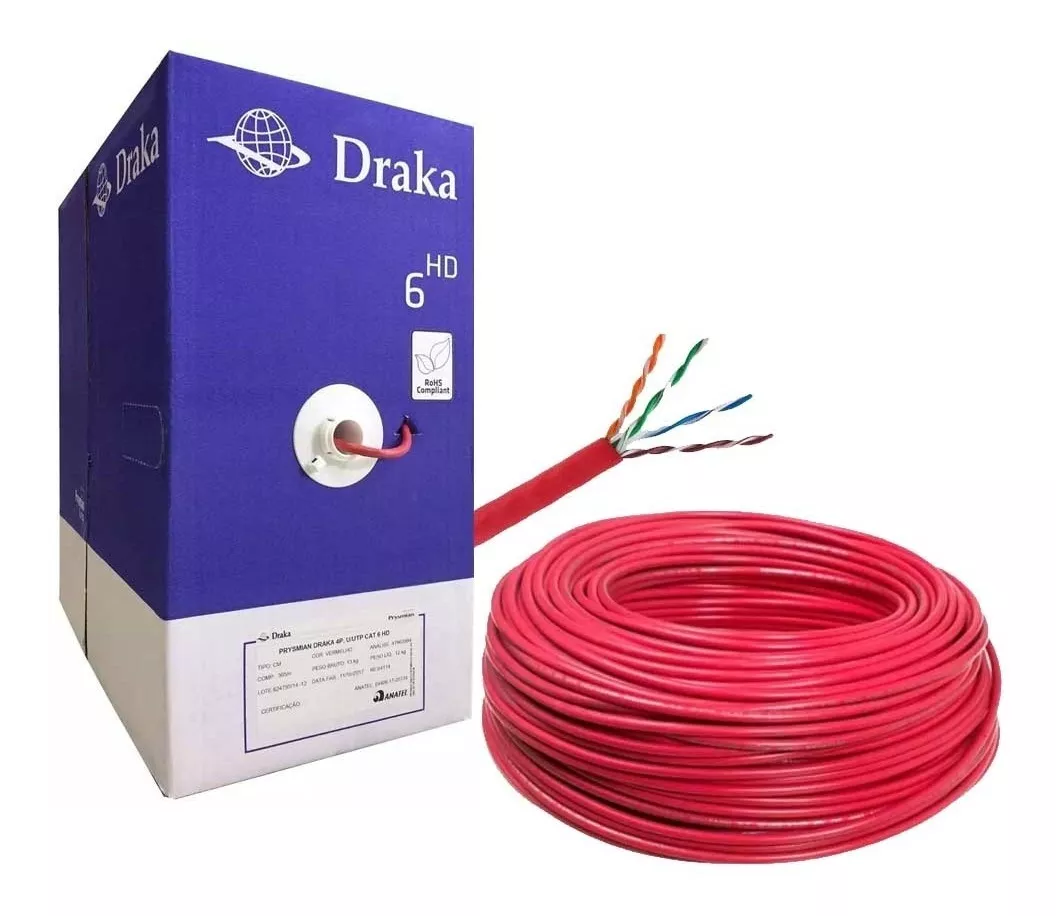 Cabo Rede Giga Cat6 Caixa 305m Vermelho Draka Prysmian Homologado Anatel