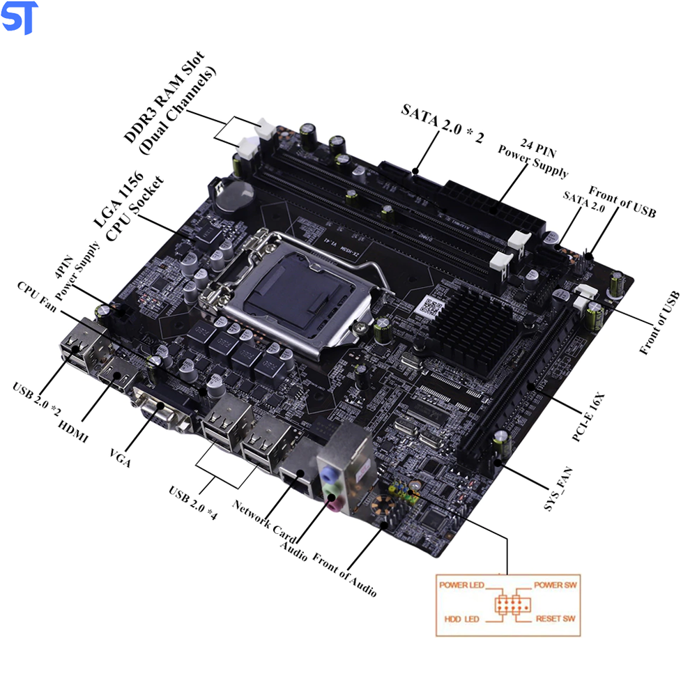Placa Mãe Wovibo H55 LGA 1156 DDR3 Dual Channels Memória 8G Suporte A I3 I5 I7 Xeon