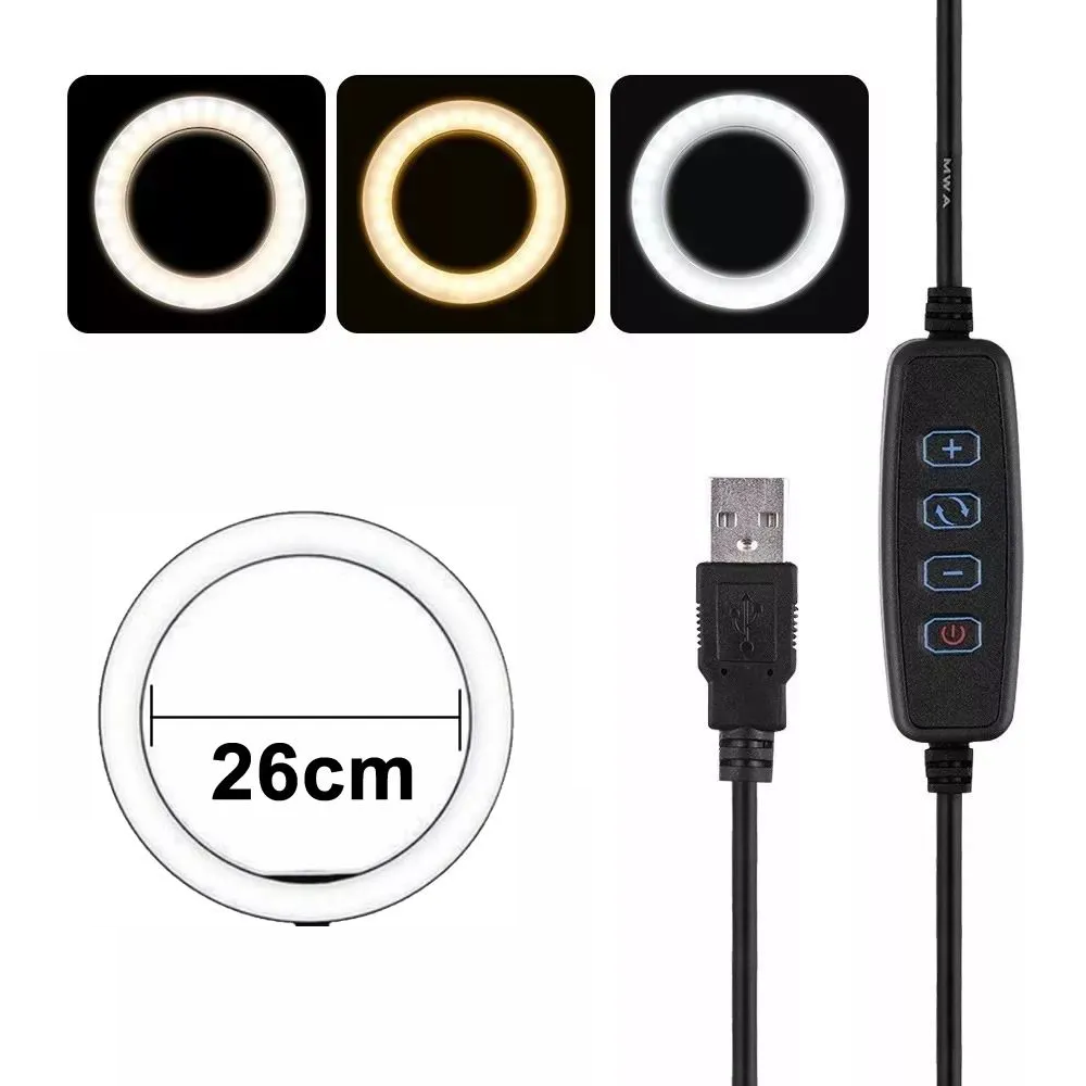 Iluminador Ring Light Usb 120 Leds 26Cm 3200k 5600k Com Mini Tripe 40Cm e Suporte Para Smartphone Exbom ILUM-R10P15