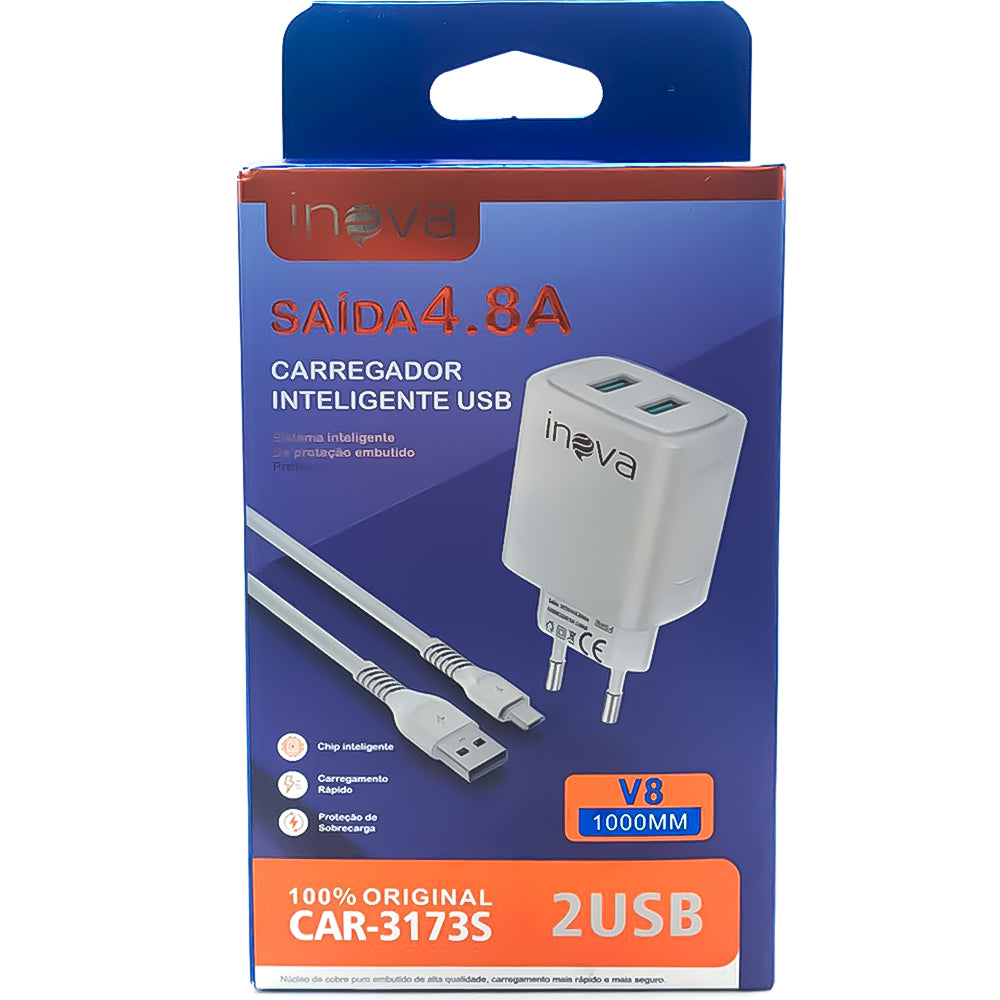 Carregador Rápido V8 Com 2 Portas USB 4.8A com Carregamento Inteligente Inova Branco- CAR-3173S