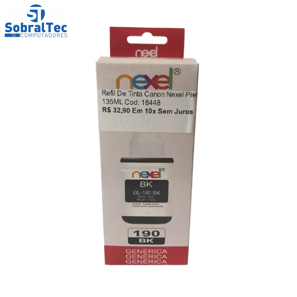 Refil De Tinta Compativel Canon Nexel Preto GL-190 135ML- Para 1100-2100-3100-3102-4100-4102