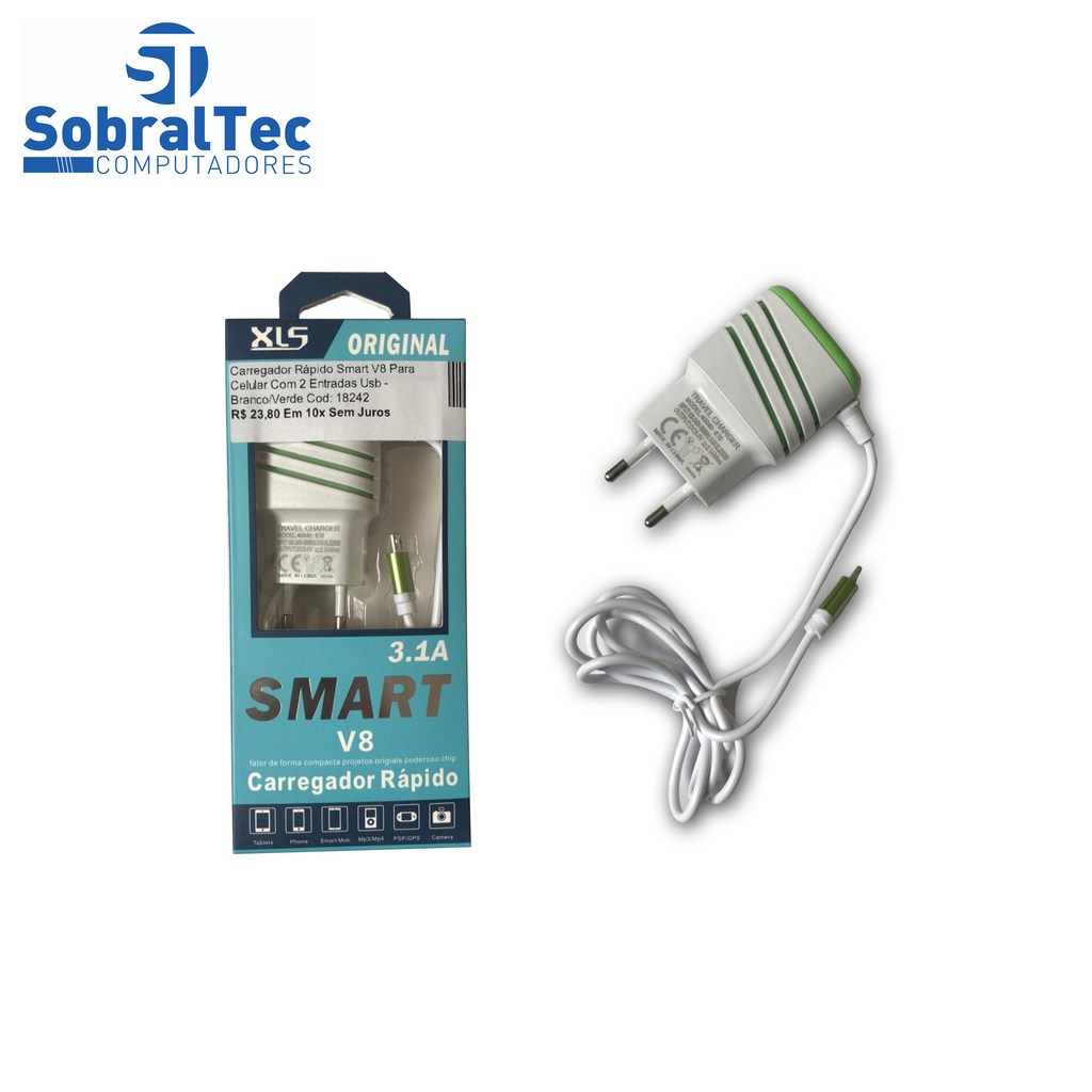 Carregador Rápido Smart V8 Para Celular Com 2 Entradas Usb