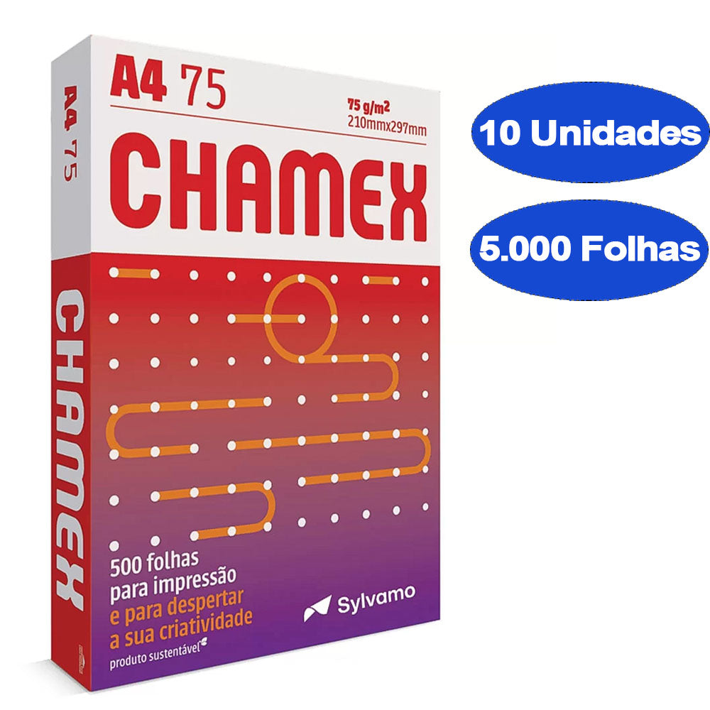 Caixa de Papel Com 10 Resmas Chamex A4 75g/m 210mm x 297mm Office Branco 500 Folhas