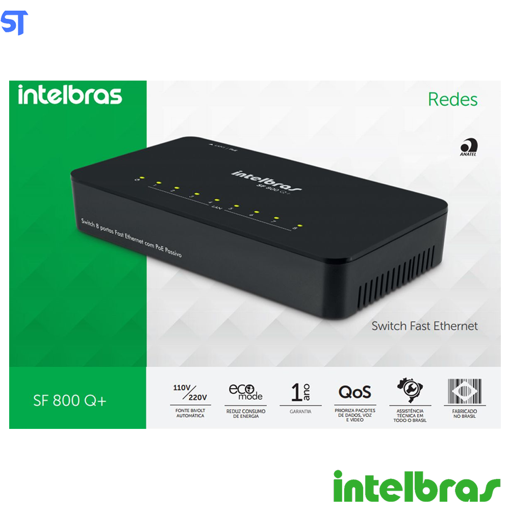 Switch 8 Portas Intelbras Fast Ethernet Poe Passivo Qos Sf 800 Q+ 10/100mbps