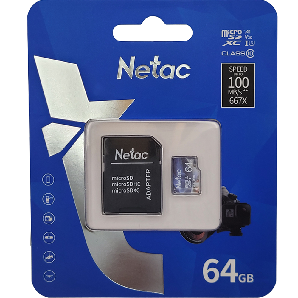 Cartão Micro SDXC 64Gb Classe 10 U3 A1- V30- 100Mb/s De Leitura Com Adaptador Netac