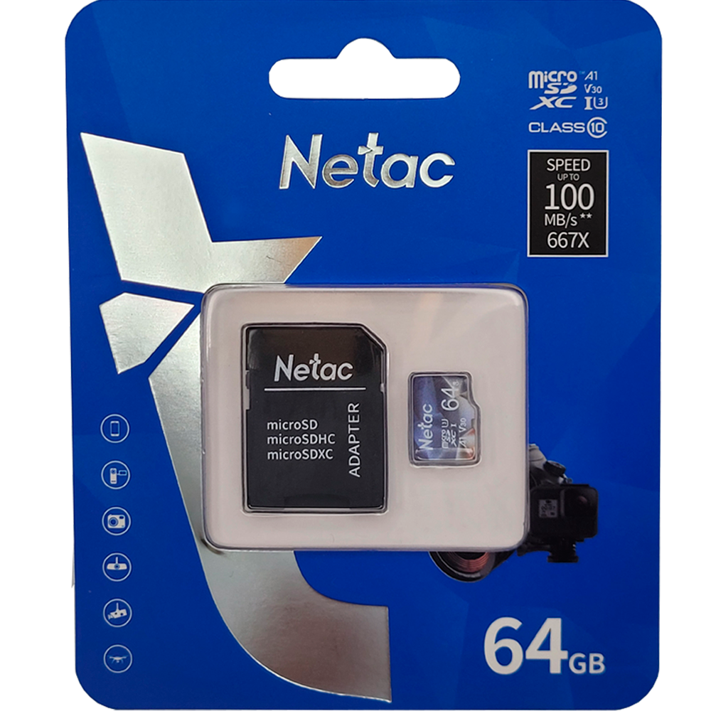 Cartão Micro SDXC 64Gb Classe 10 U3 A1- V30- 100Mb/s De Leitura Com Adaptador Netac