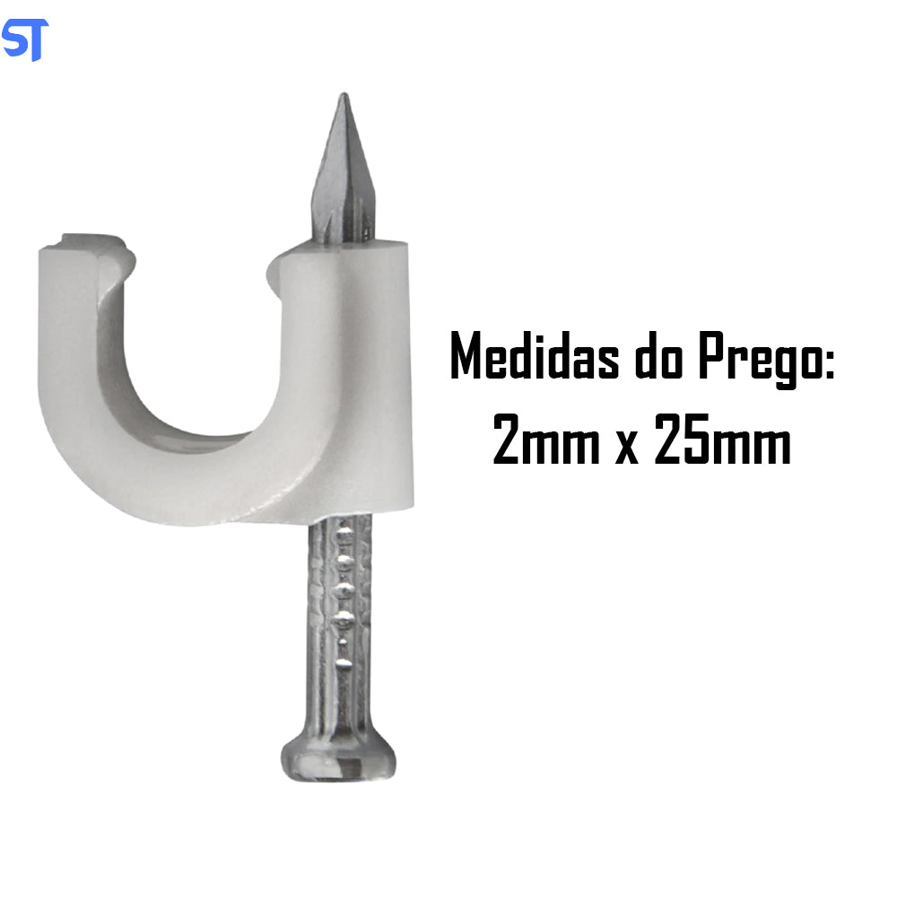Pacote Fixa Fio Coaxial 6 Branco Com Prego 2mm x 25mm Com 20 Peças