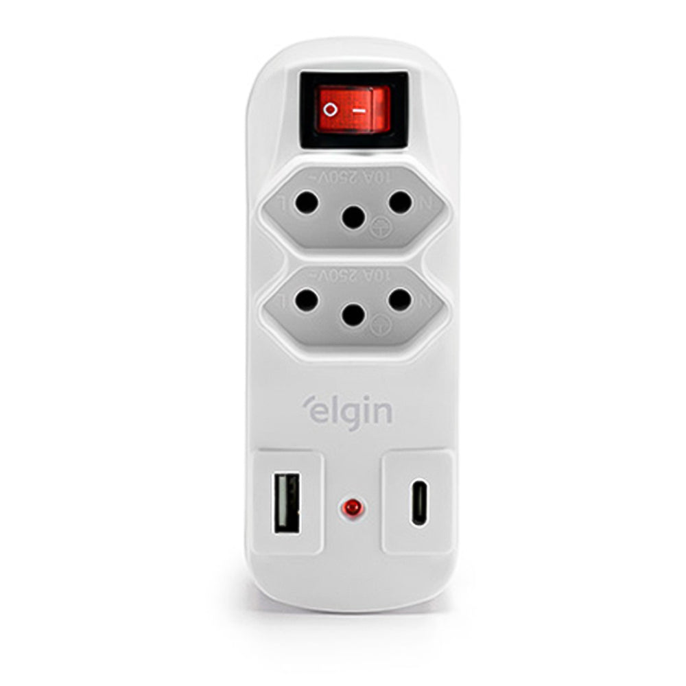 Filtro de  Linha 2 Tomadas  + USB + Tipo A+C 10A Elgin 46RFL3020USB