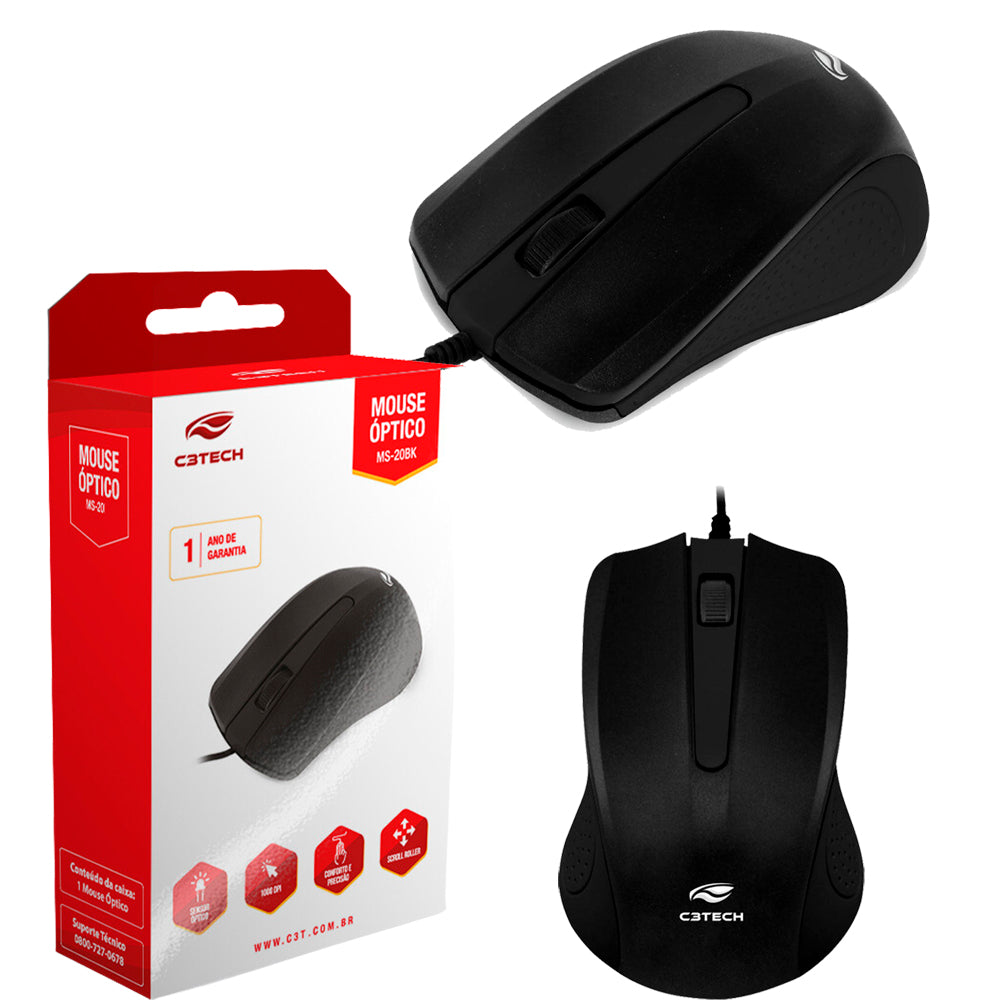 Mouse USB Ambidestro C3Tech Preto -MS-20BK