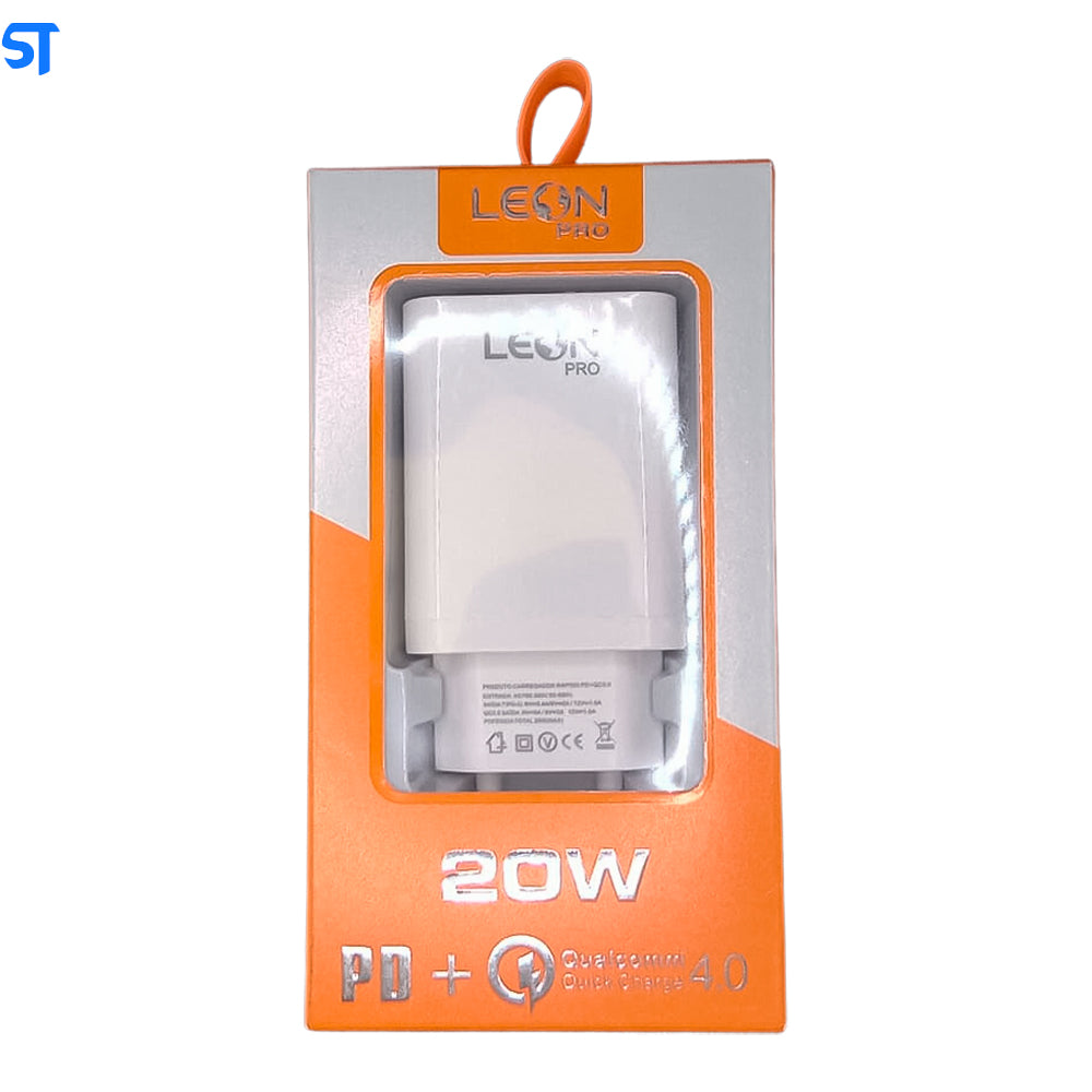 Fonte Carregador Rápido Com 1 Portas USB 3.0 e 1 Porta USB Tipo-C 3.1A Leon Pro Branco - 5040