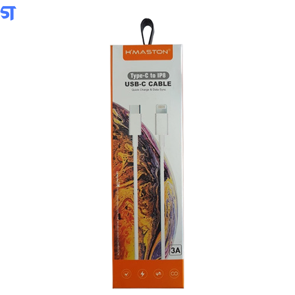 Cabo de Dados USB C Para Lightning H'maston 3A Carga Rápida 1 Metro