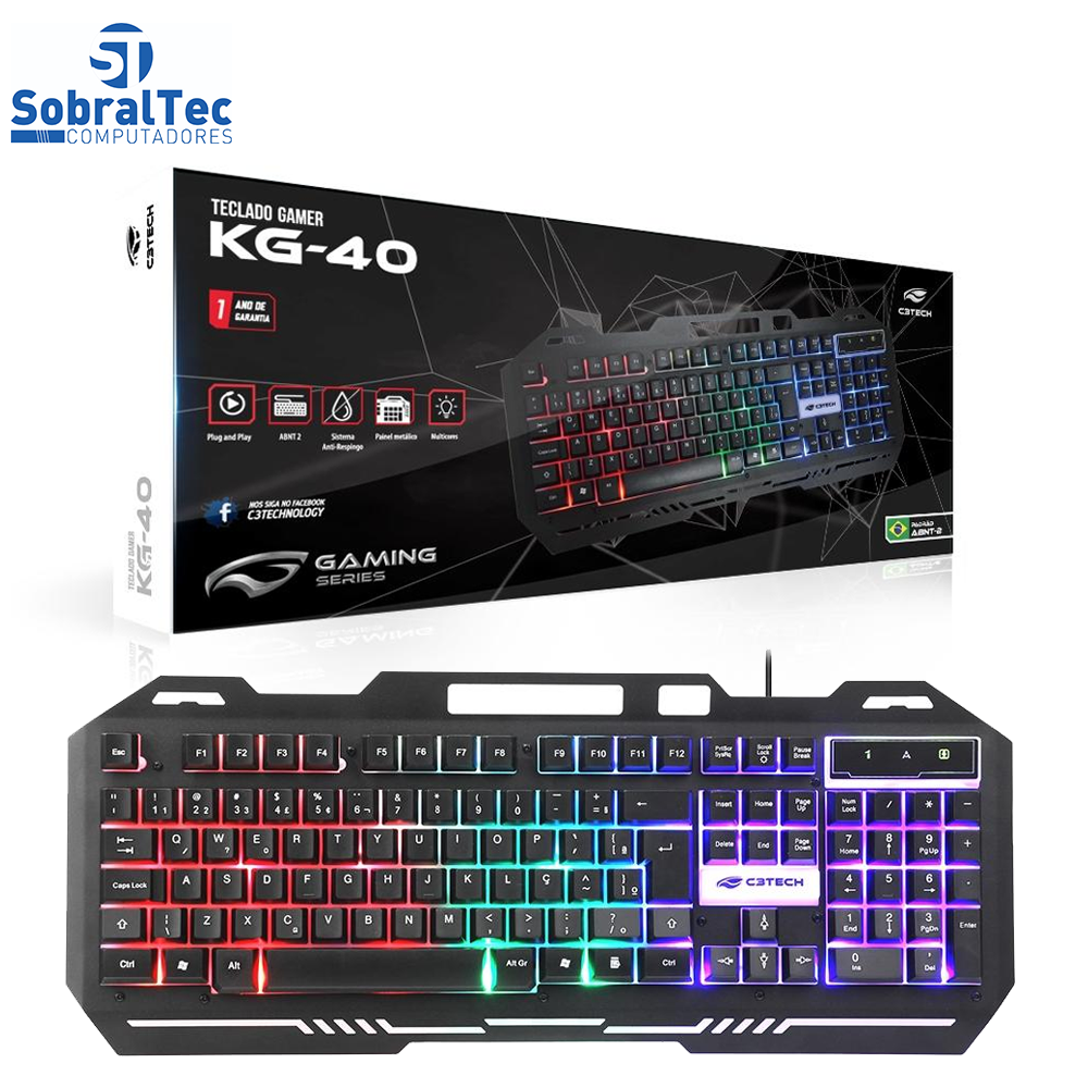 Teclado Gamer Preto C3Tech KG-40BK-USB 2.0ABNT2-LED RGB