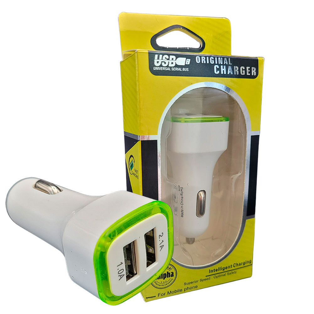 Carregador Veicular Fast Charging Com Duas Portas USB 2.1A/ 1.0A - Branco / Verde Claro