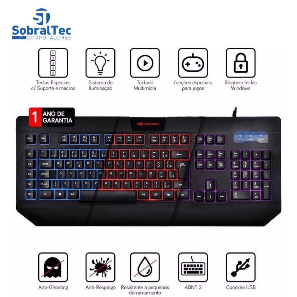 Teclado Gamer C3Tech Led Retro-Iluminado Com Macro e Anti-Ghosting Abnt2 Kg-110bk