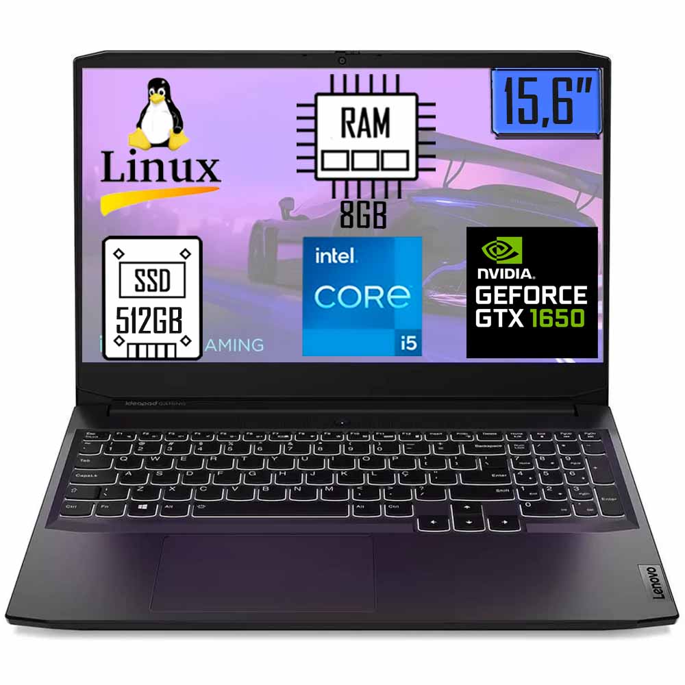 Notebook Gamer Lenovo Gaming 3i Core i5-11300H GeForce GTX1650 8GB RAM 512GB SSD 15.6 Full HD, Linux, Preto - 82MGS00200