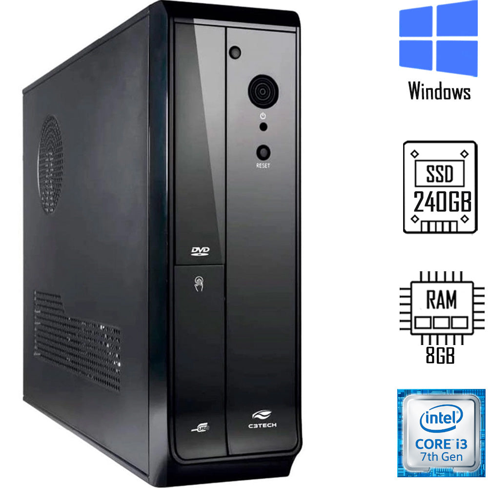 Computador Core I3 7th, 8GB de Memória, Disco SSD 240GB - Gabinete Slim - Com Gabinete Slim Micro ATX Horizontal