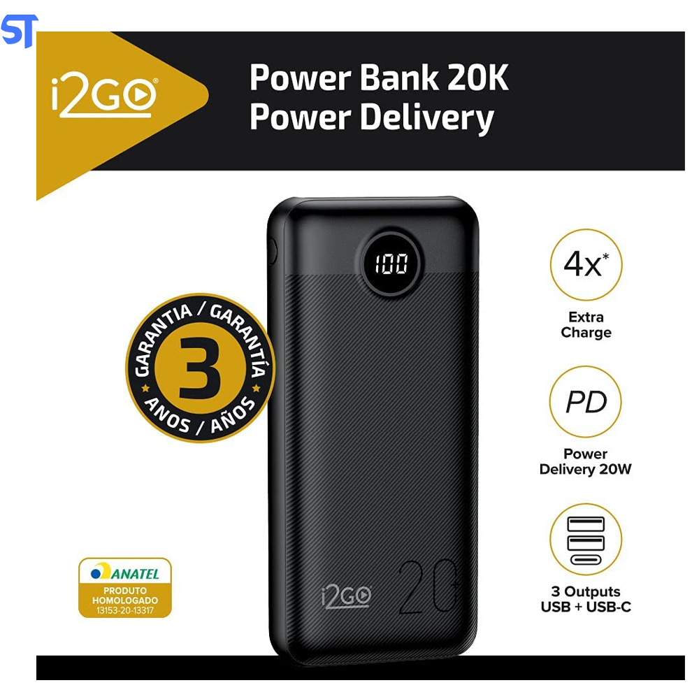 Carregador Power Bank Portátil Ultra Rápido 20000mAh Usb 2 Portas - I2GO