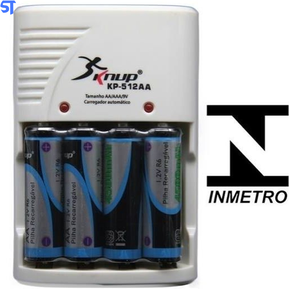 Carregador De Pilhas AA/AAA/9v Knup Kp-512AA Com 4 Pilhas De 4500mAh