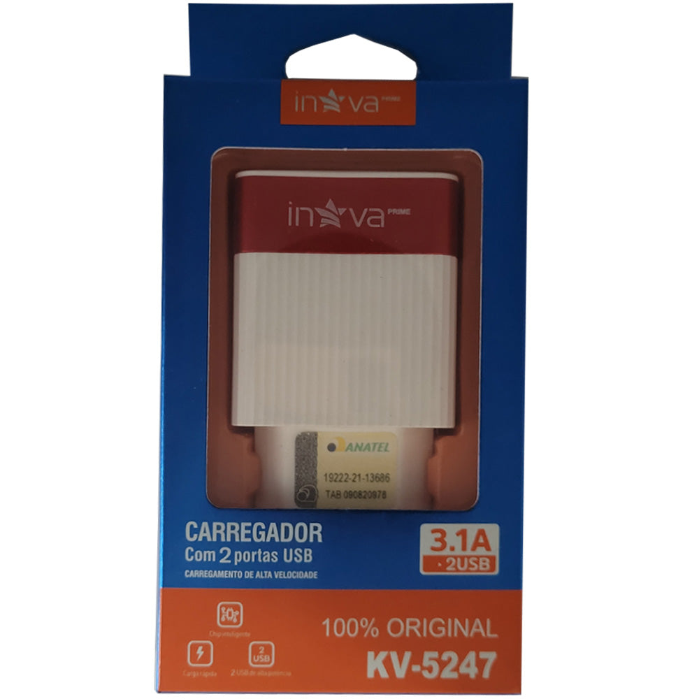 Fonte Carregador Rápido Com 2 Portas USB A 3.1A Inova Branco Com Vermelho - KV-5247