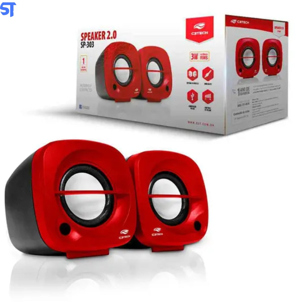Caixa de Som Speaker 2.0 SP-303RD Preto e Vermelho C3Tech