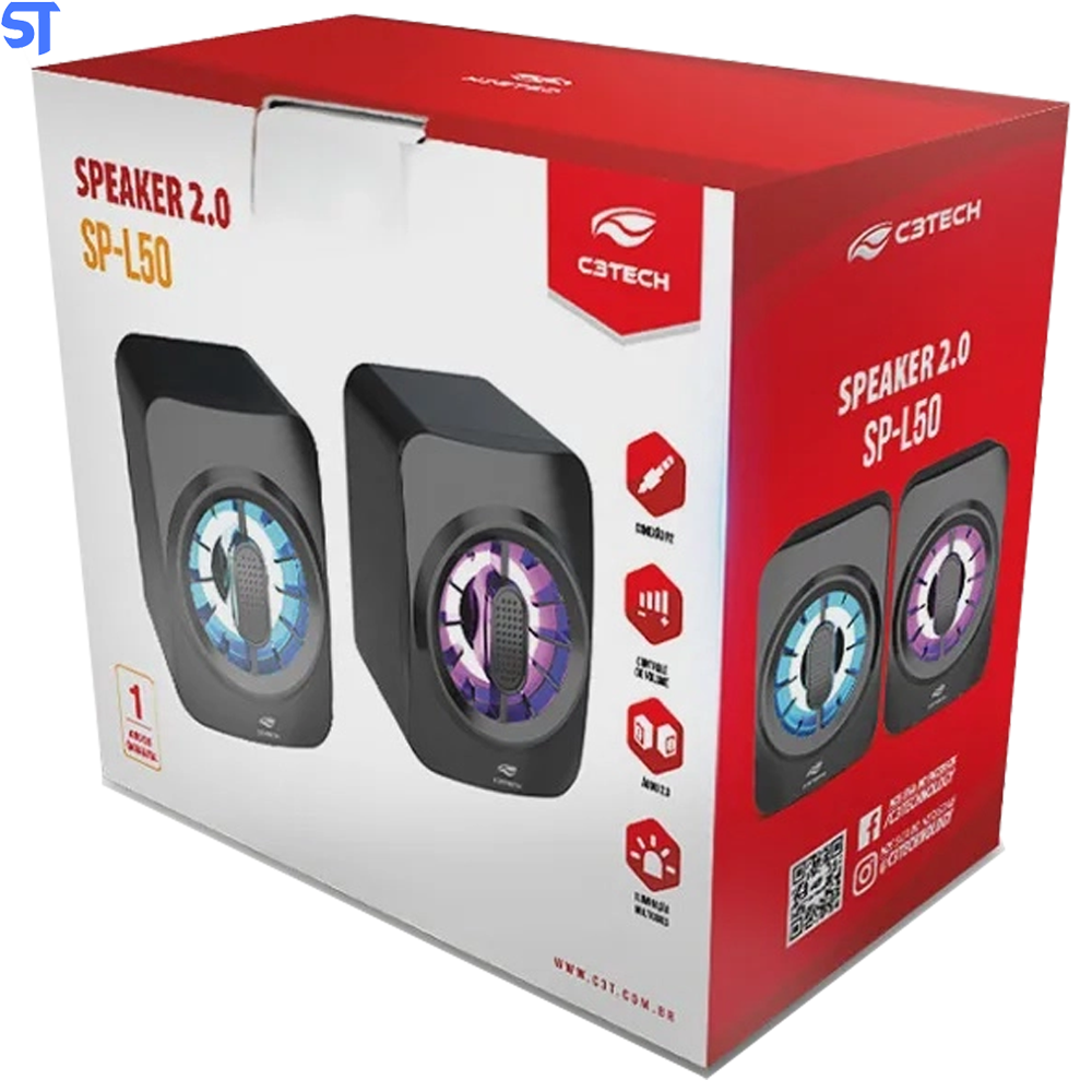 Caixa de Som Para Pc, Notebook, Speaker 2.0 Led SP-L50BK Preta C3Tech