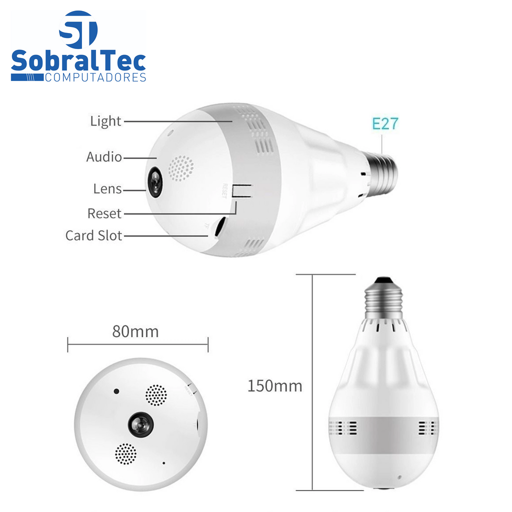 Lâmpada Espiã Ip 360° Câmera Hd Panorâmica Led Wifi Grava Alarme VT-17657-61