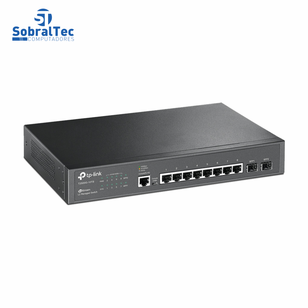 Switch TP-Link Gerenciável L2 Gigabit 8 Portas 10/100/1000Mbps 2 Slots SFP Jetstream - T2500G-10TS