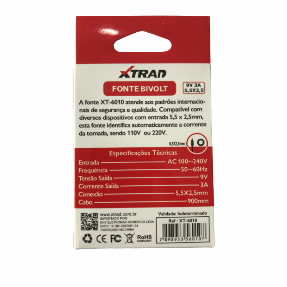 Fonte Bivolt Plug 5,5mm x 2,5mm 9V 3A 0,90 Metros 50 a 60Hz Xtrad XT-6010