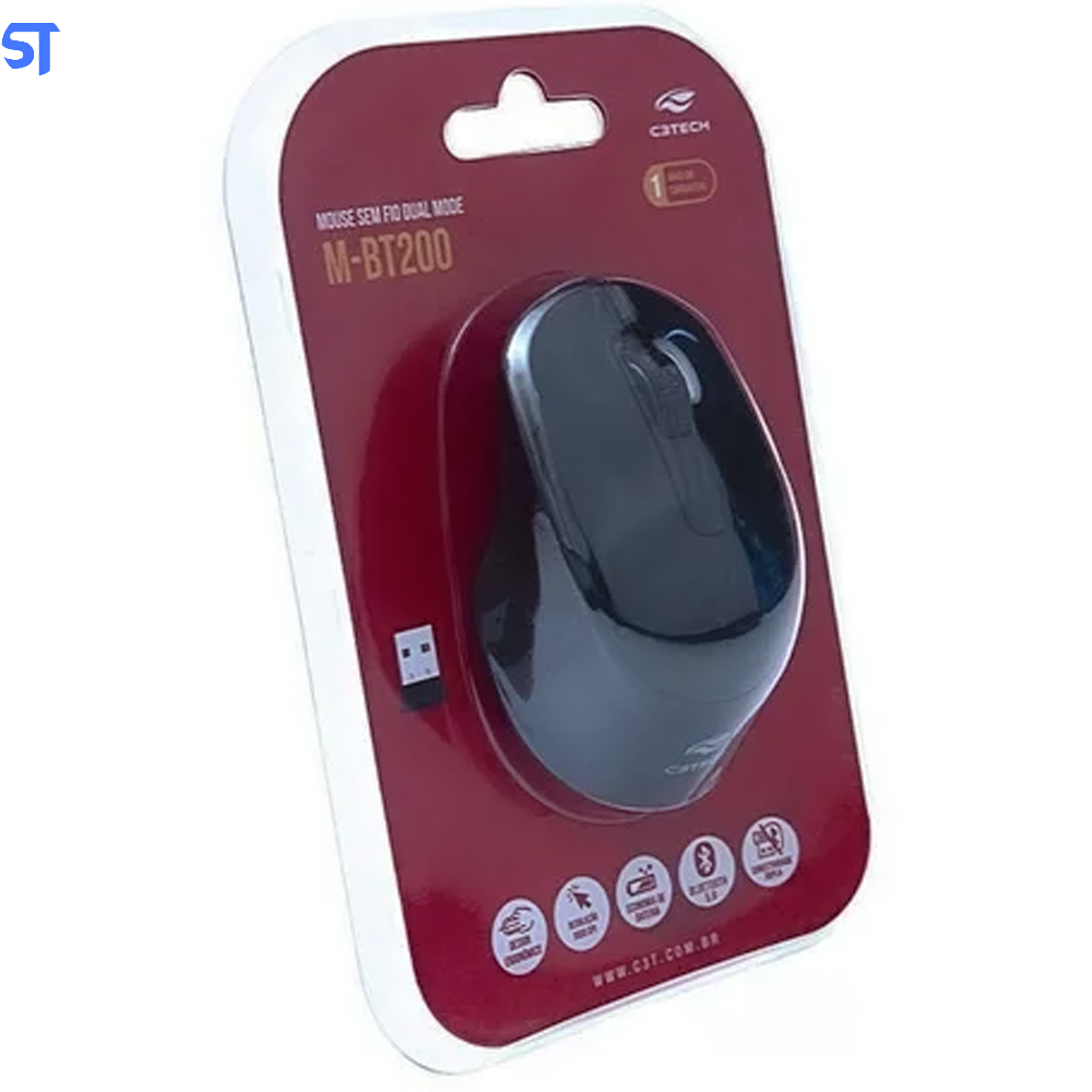 Mouse Sem Fio 1600 DPI, Bluetooth, Nano Receptor USB, Preto - M-BT200BK- C3Tech