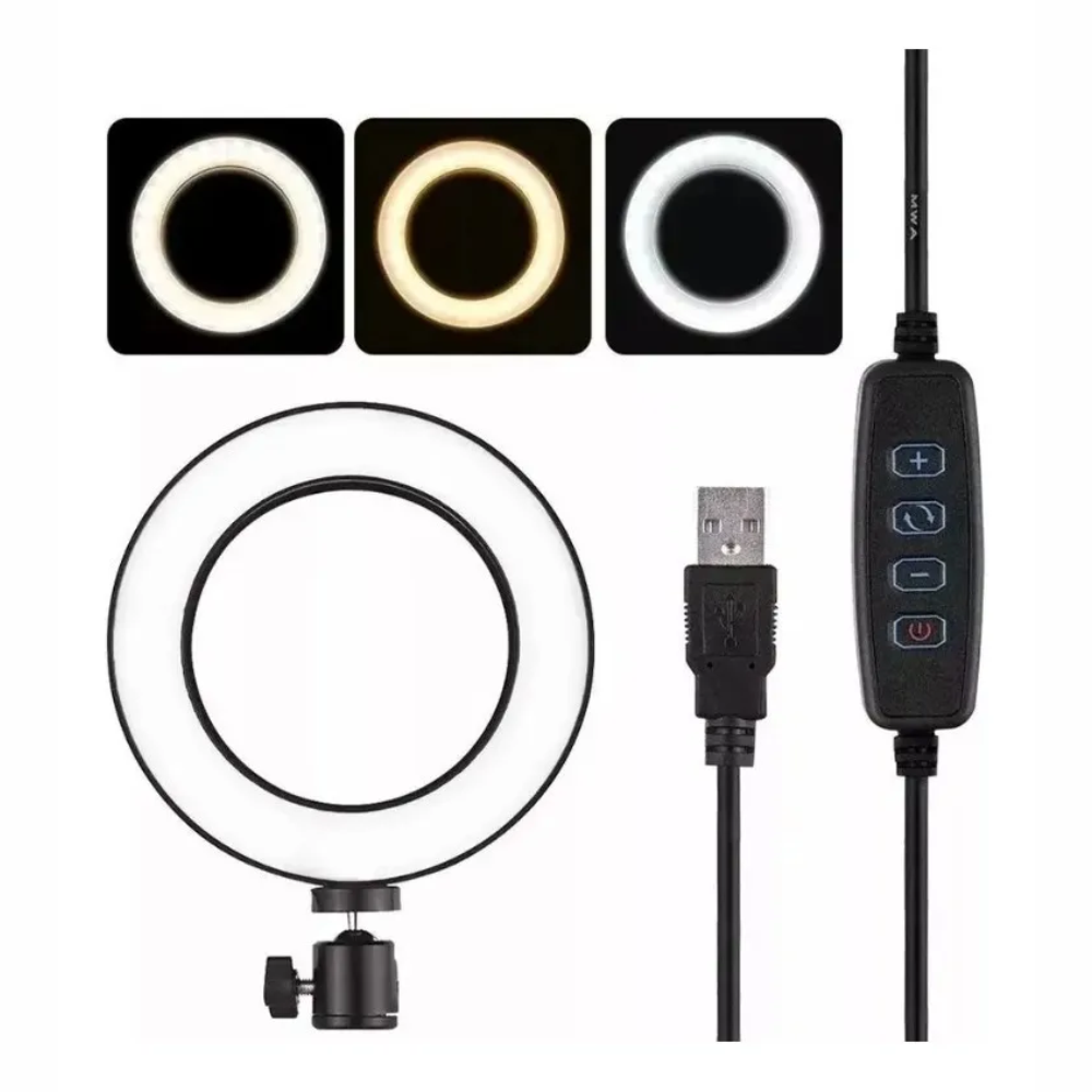 Iluminador Ring Light Usb 6 Polegadas 48 Leds 16Cm 3200k 5600k Com Mini Tripe 15Cm Exbom ILUM-R06W5