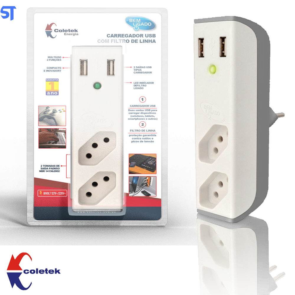Filtro de Linha 2Tomadas Com Carregador Usb, 2 Usb 2,1A / Bem Ligado, Branco Coletek Fl-Usb21Gwh