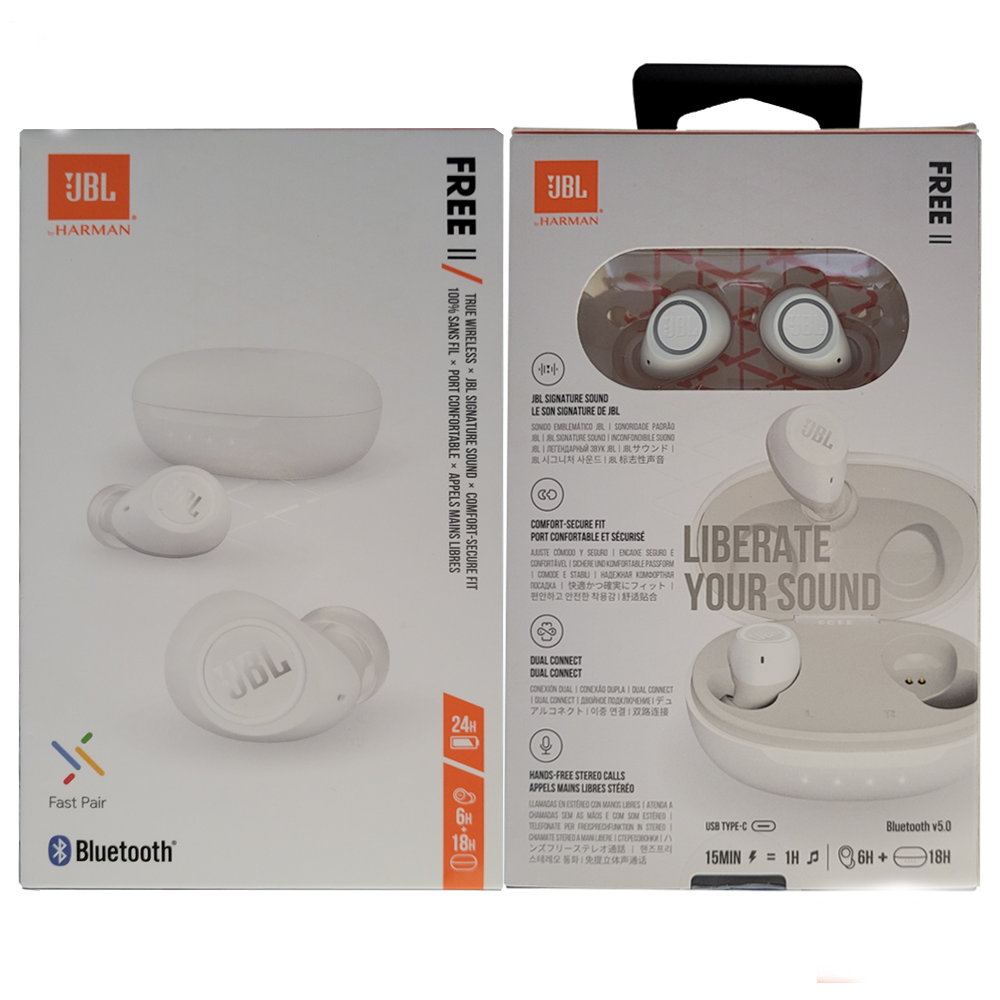 Fone de Ouvido Sem Fio JBL In Ear True Wireless Free II TWS, Bluetooth 5.0, Fast Pair, à Prova de Respingos, Branco