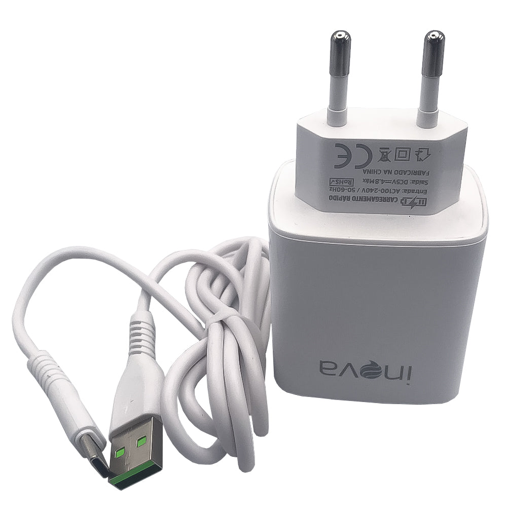 Carregador Rápido Tipo C Com 2 Portas USB 4.8A com Carregamento Inteligente Inova Branco- CAR-3173C