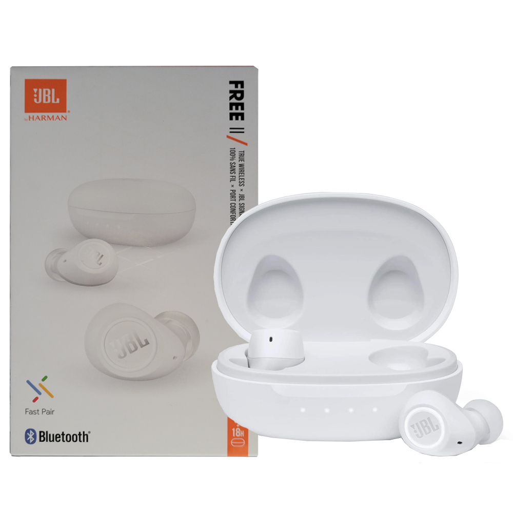Fone de Ouvido Sem Fio JBL In Ear True Wireless Free II TWS, Bluetooth 5.0, Fast Pair, à Prova de Respingos, Branco