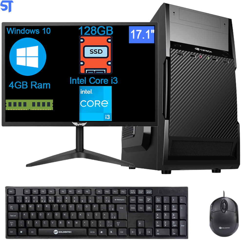 Computador Core i3-2100- HD SSD 128GB Memória 4GB GaB MT-25V2BK Win. 10 Monitor de 17 Polegadas- Teclado e Mous