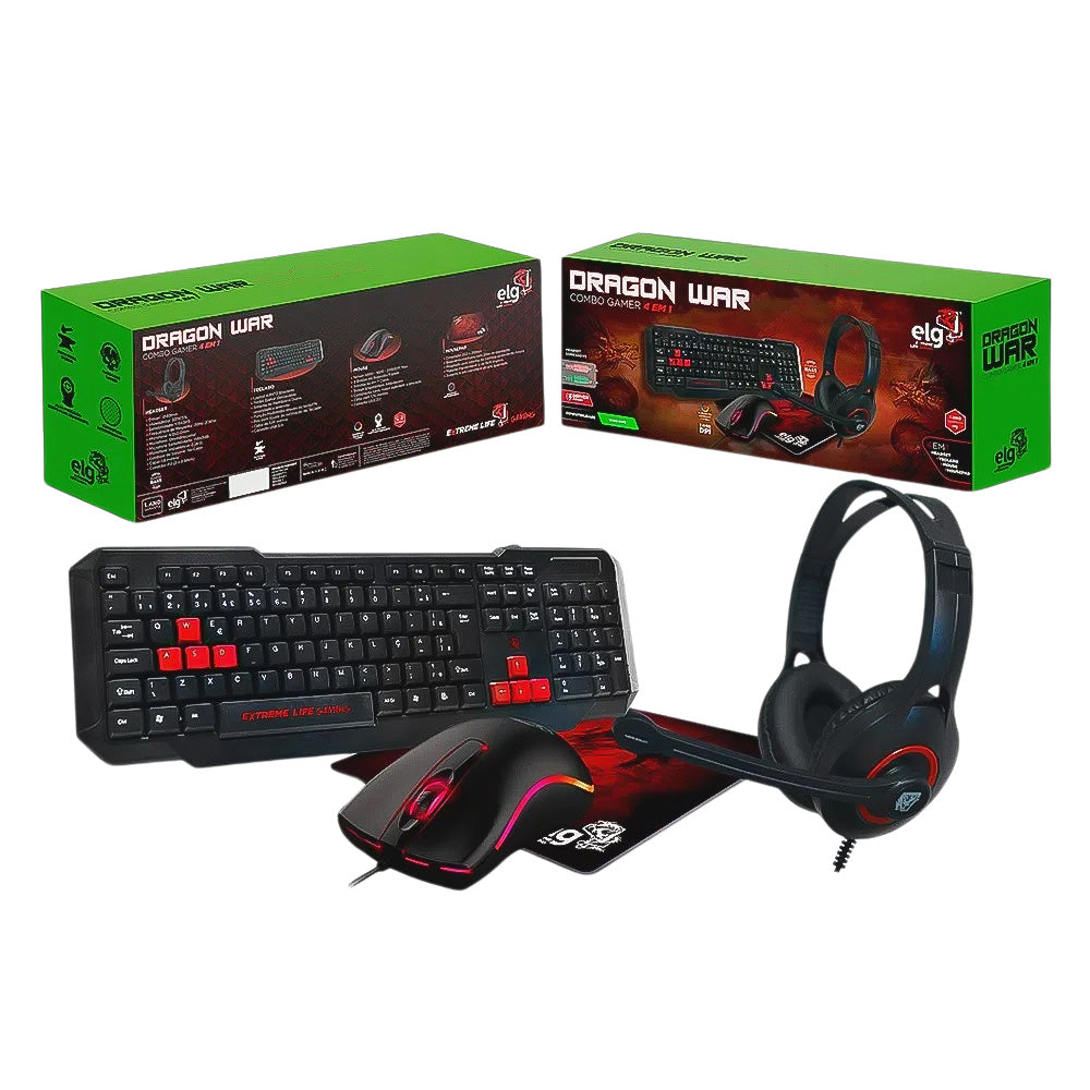 Kit Combo Teclado, Mouse, Headset e Mousepad Gamer RED Dragon War ELG CGDW41R