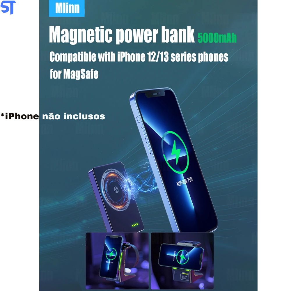 PowerBank MacSafe para iPhone 12, 13, 14 4 em 1 com Bateria Externa 10000mAh - Preto