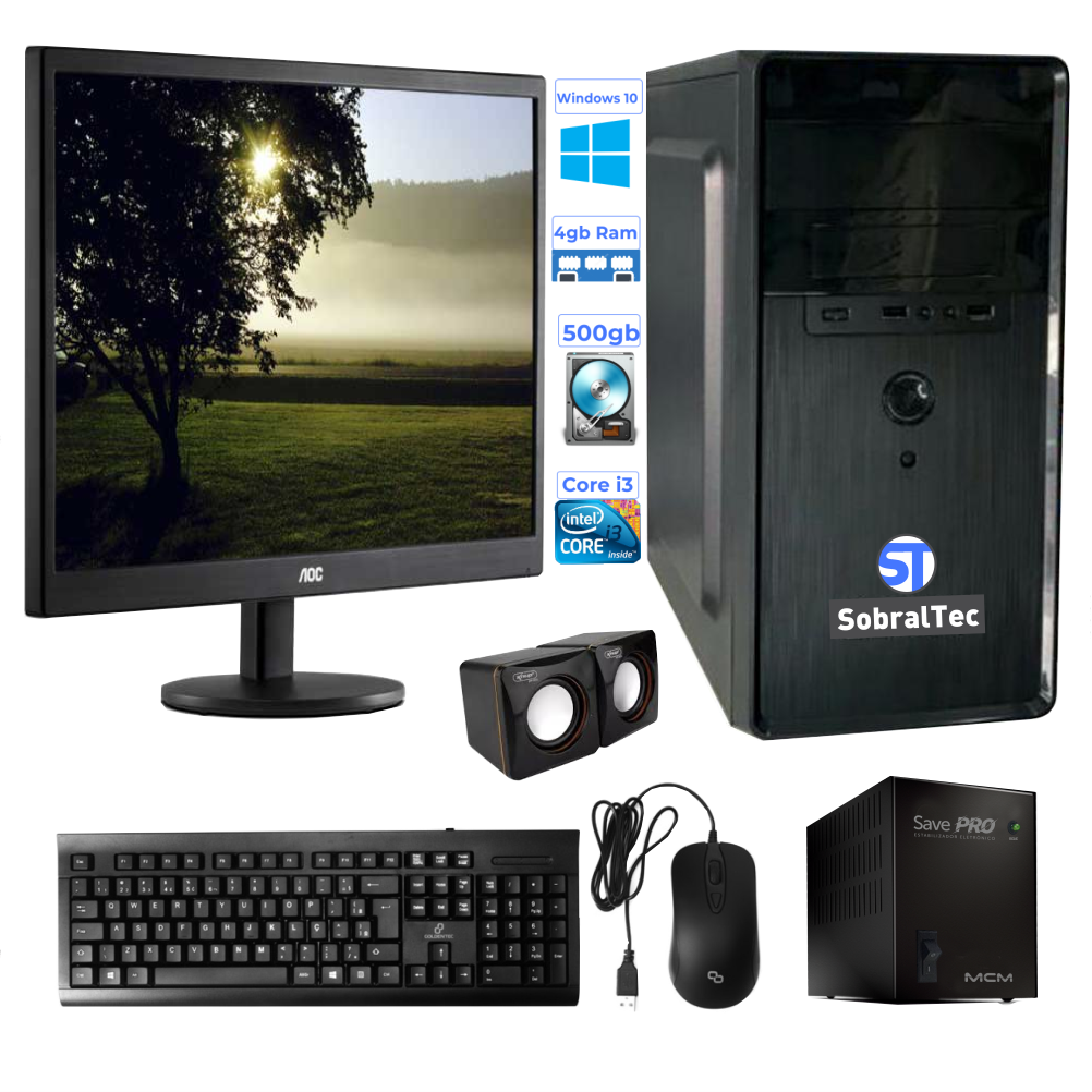 Computador Completo Core i3 - H61- Hd de 500 Gb-Memória de 4 Gb Monitor de 15, Tec/Mouse , Som e Estabilizador Windows 1